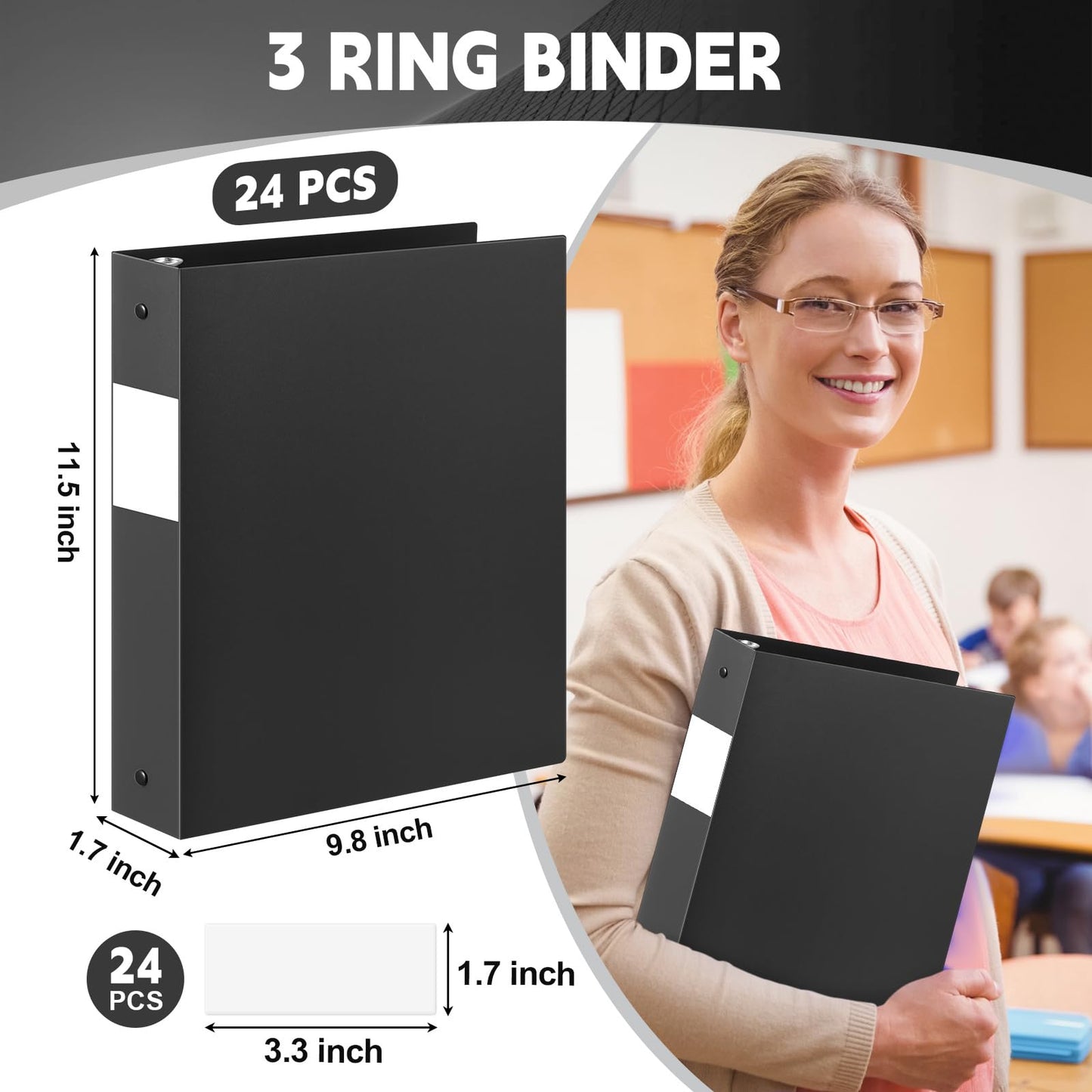Henoyso 24 Pcs Black 1.5" 3 Ring Plastic Binder Bulk, 1 1/2 Inch Soft Flexible Binders Round Rings, Fits Letter Size 8.5'' x 11'' Paper, Holds 350 Sheets, for School Office (1.5 Inch)