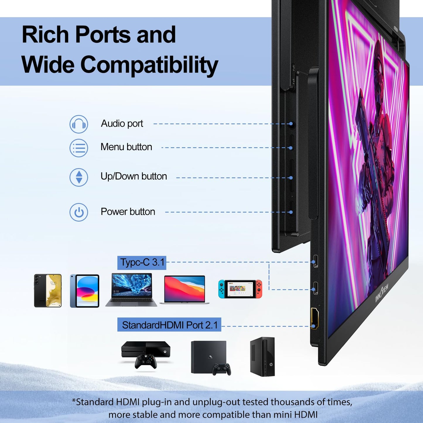 InnoView 18.5 Inch 280Hz Portable Gaming Monitor,2K QHD 100% sRGB Portable Monitor Gameplus HDR FreeSync Laptop Monitors,Portable Screen for PC Phone Game Console