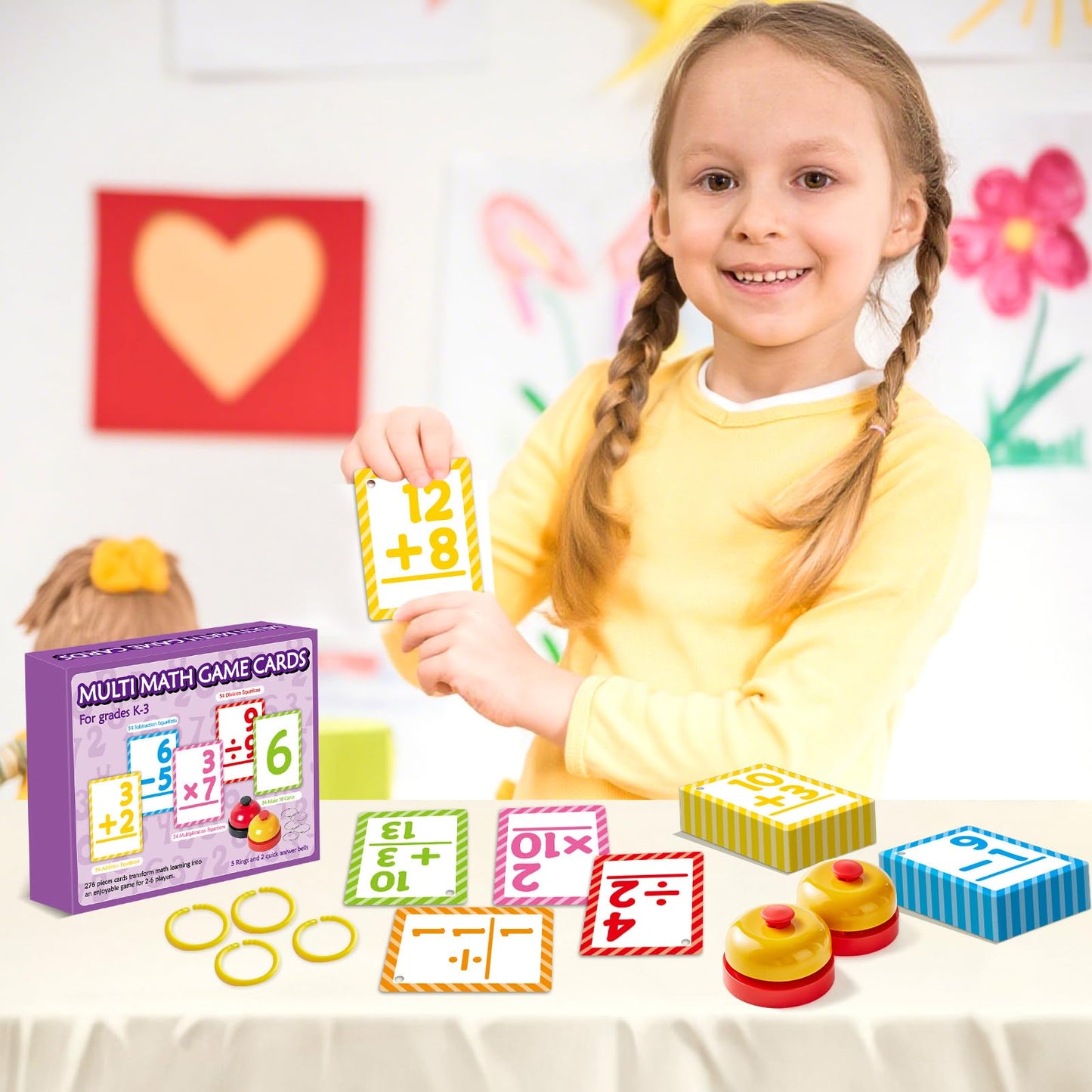 Math Flash Cards Set of 5 Addition Subtraction Division Multiplication Make 10 Games 276 Math Learning Double-Sided Flashcards with 5 Rings 2 Quick Answer Bells for Kids Kindergarten 1st 2nd 3rd Grade