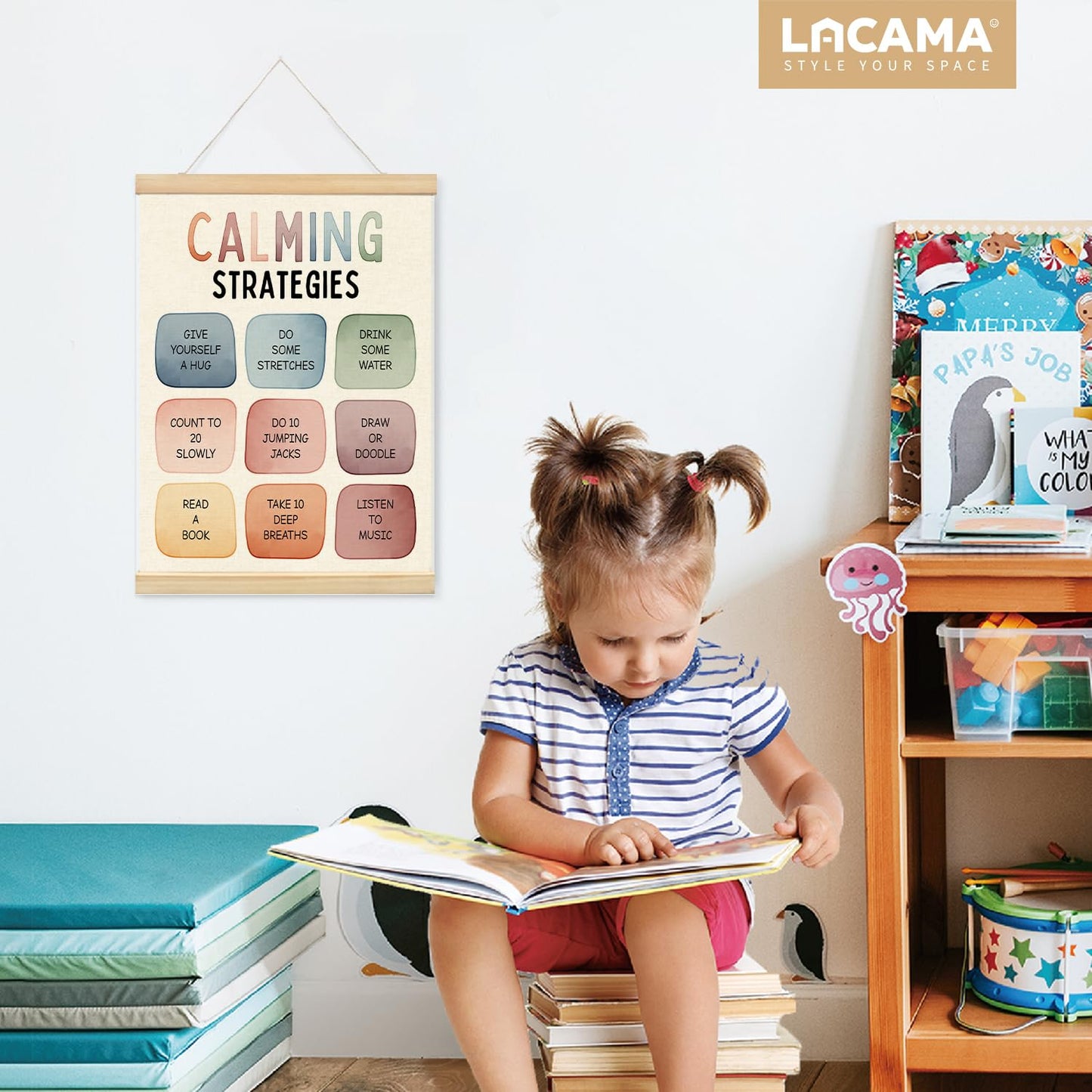 Lacama Calm Down Corner Supplies Wooden Poster Hanger for Classroom Homeschool Preschool Wall Art Decorations,Feelings Chart for Kids, Mental Health Posters, Educational Poster Chart Coping Skills