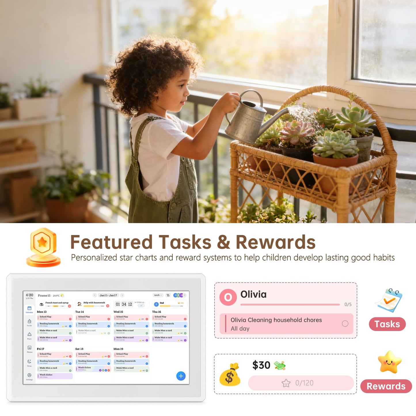 Digital Calendar Wall Touch Screen, 15.6 Inch Smart HD Electronic Calendar for Family & Chore Chart with Meal Planner, Built-in Digital Photo Frame, Gift for Parents & Kids, Desk Stand & Refills (White)