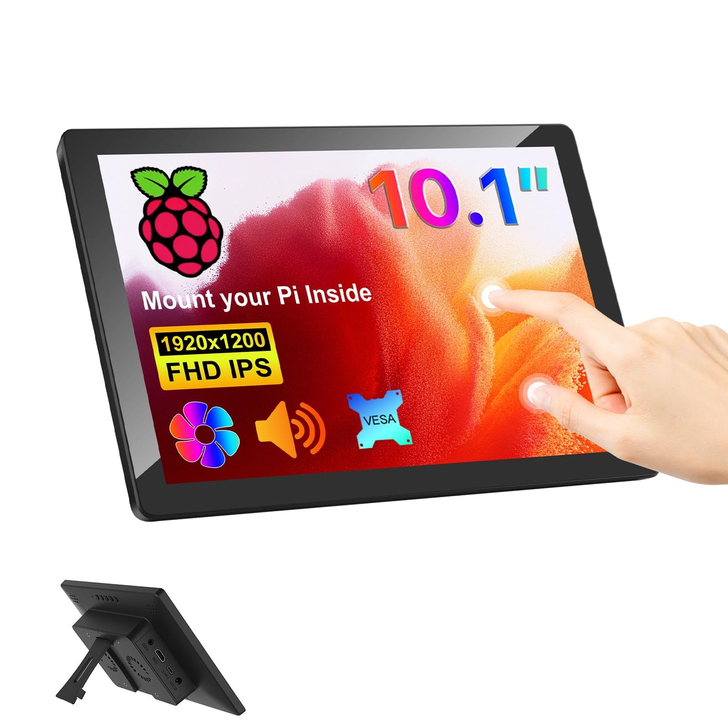 MAGEX 10.1 Inch Touch Screen Monitor with Case - pi screen IPS FHD 1920x1200, 10-Point, pi display with HDMI Dual-Speaker, pi touchscreen for Pi 5/4/3/2/Zero/Win11/10/8/7/VESA, Fan, Stand, Driver-Free