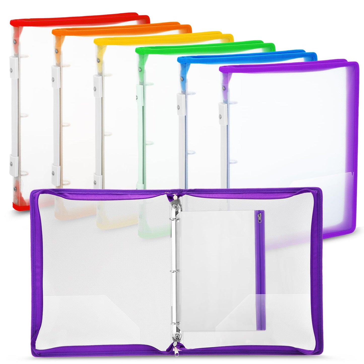 Fulmoon 6 Pack 1 Inch Zipper Binder, 3 Ring Binder with 2 Interior Pockets, Plastic Pencil Pouch, Expanding File Zippered Holds 8.5''x11'' for Projects, Assignments, Memos, School Work (Clear)