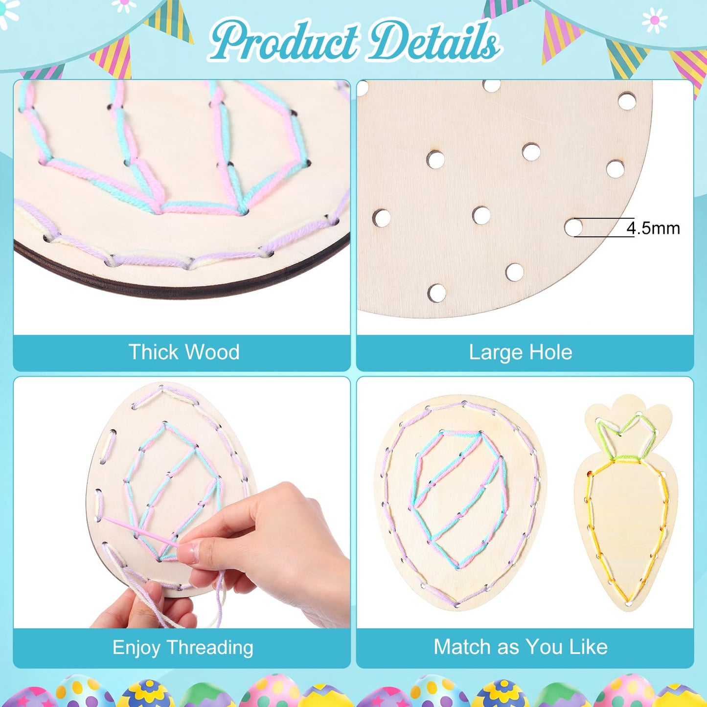 Capoda 18 Sets Easter Crafts for Kids Wooden Lacing Card Toys Easter Basket Stuffers Spring Basket Essentials with Colorful Threads for Girls Boys Spring Craft Activities Craft Kits Sewing