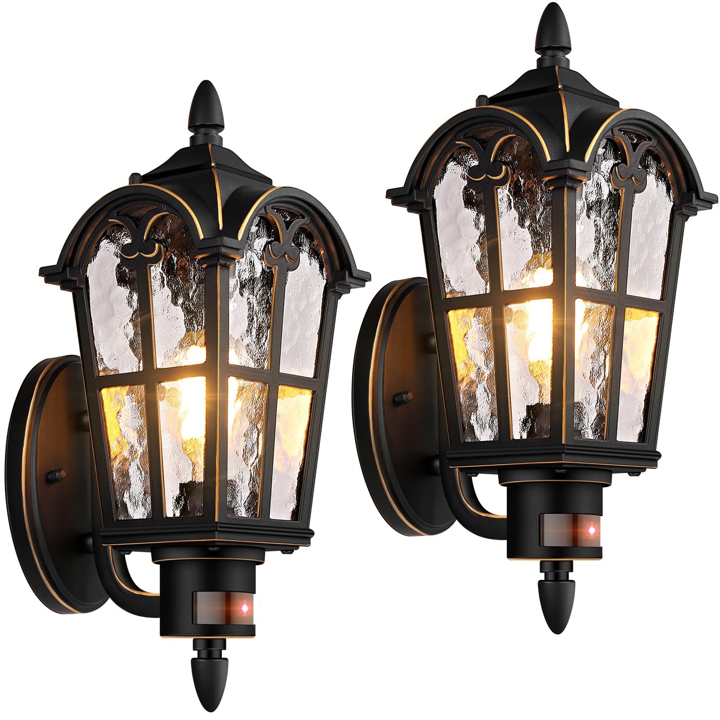 BesLowe 2-Pack Motion Sensor Outdoor Wall Lights, Black with Gold Trim, Metal, Model B06068PG(2PK)