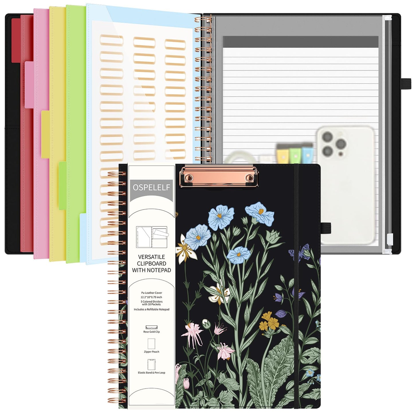 Ospelelf Foldable Spiral Clipboard Folio with with Storage Zipper Pouch, Leather Clipboard Folder with Notepad, 5 Plastic Folders with 10 Pockets, 39 Divider Label Stickers, Pen Loop Series (Bushes)