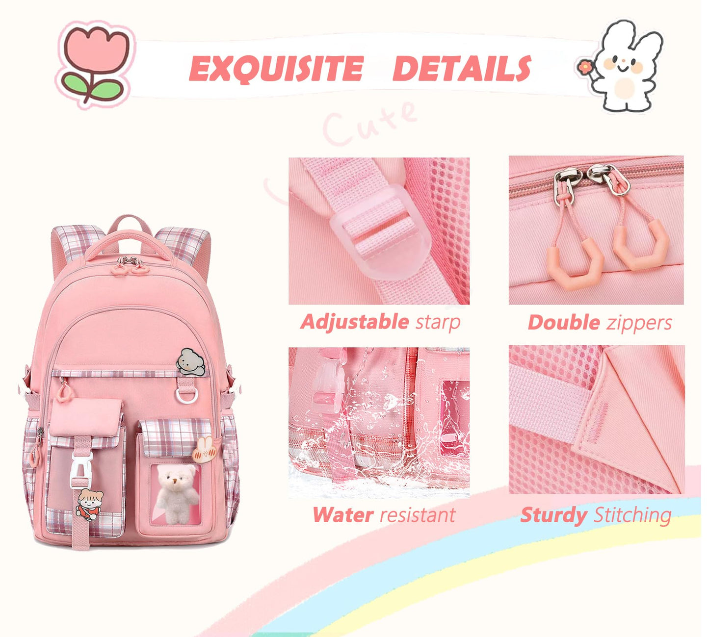 PRLINJSK Girls Backpack，Cute School Backpack for Girls Kids Teens，Kawaii Bookbag for Primary Elementary，Pink