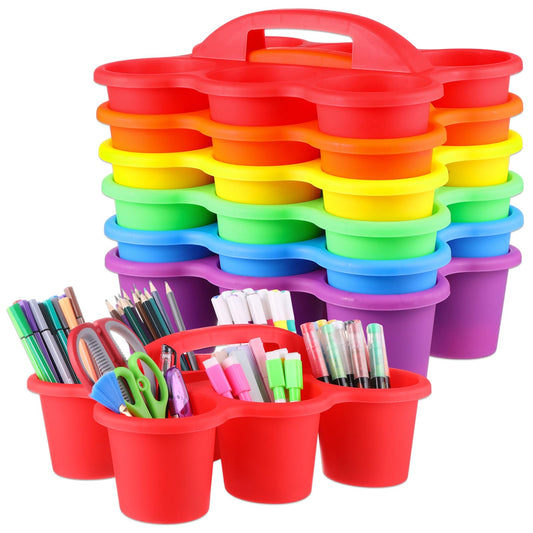 6 Pack Classroom Caddy Organizer with Handle Colorful Plastic Table Caddy Drink Cup Caddies Holder 12×9×3.5 Inches Storage School Supplies 6 Compartments for Table Crayon Pencil Cup Marker Craft