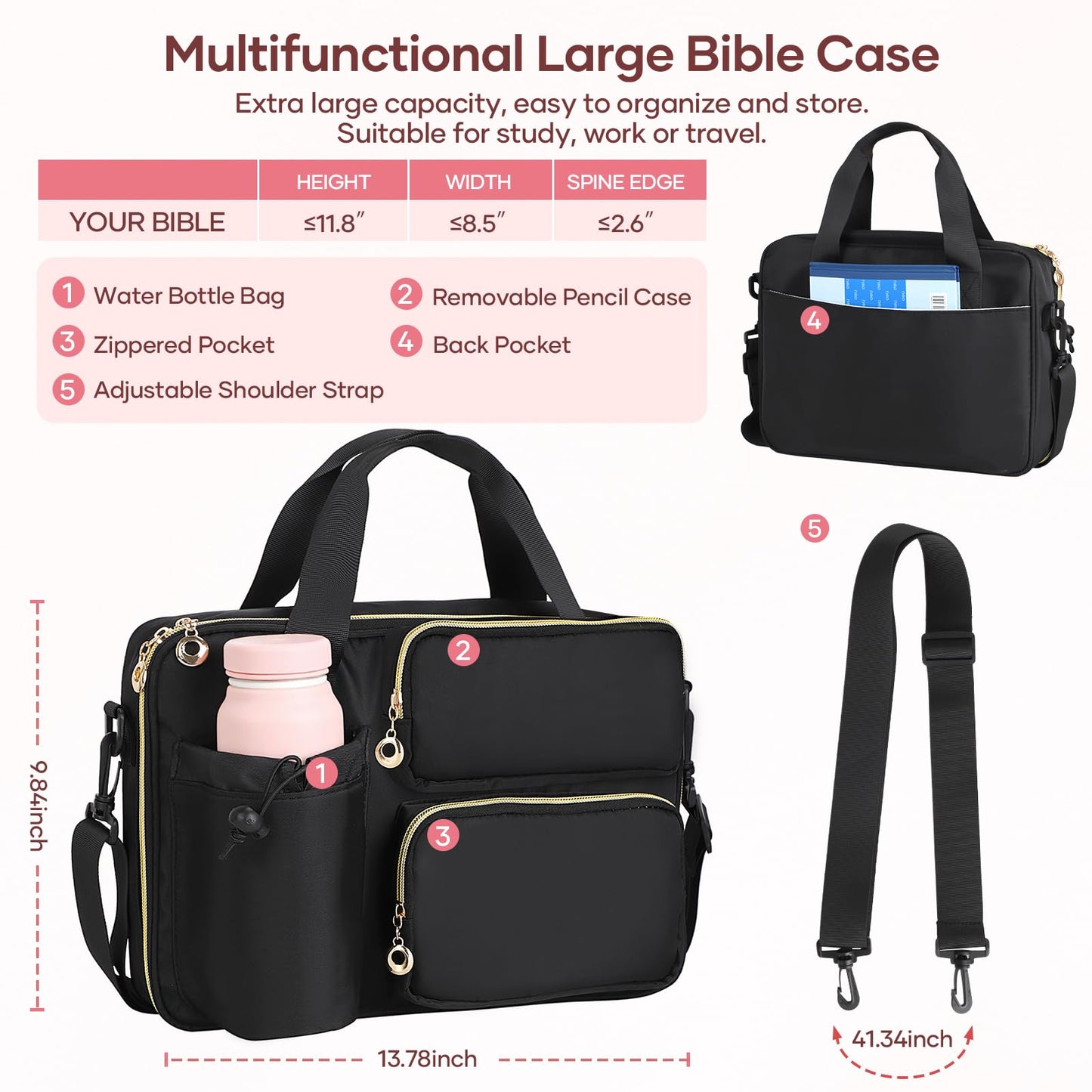 Bible Cover Case for Women, Large Bible Bag with Removable Pencil Case, Water Bottle Pocket and Shoulder Strap for Bible Study Supplies, Church Carrying Journaling Kit, Christian Gift for Women
