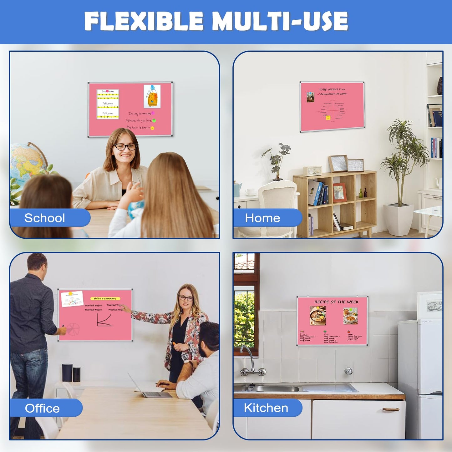 WALGLASS Magnetic Whiteboard 24"x18" Dry Erase White Board for Walls with Pen Tray, Aluminium Frame and Dry-Wipe Writing Surface for Drawing, Home, and Office (Pink)