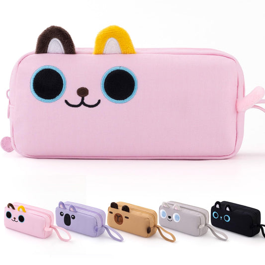 CICIMELON Cartoon Pencil Case, Large Capacity Pen Pouch with Embroidered Animal Design, School Supplies Bag for Kids, Teens, Students (Pink Kitty)