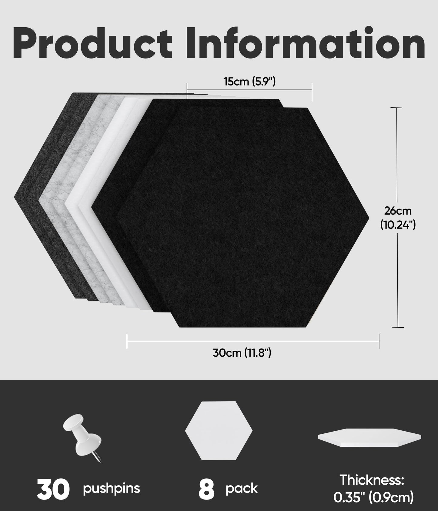 Toptople 12 Inch Large Hexagon Cork Board for Walls, 8 Pack Felt Bulletin Board Tiles, Pin Board with Push Pins for Office Photo and Note, Gradual Gray