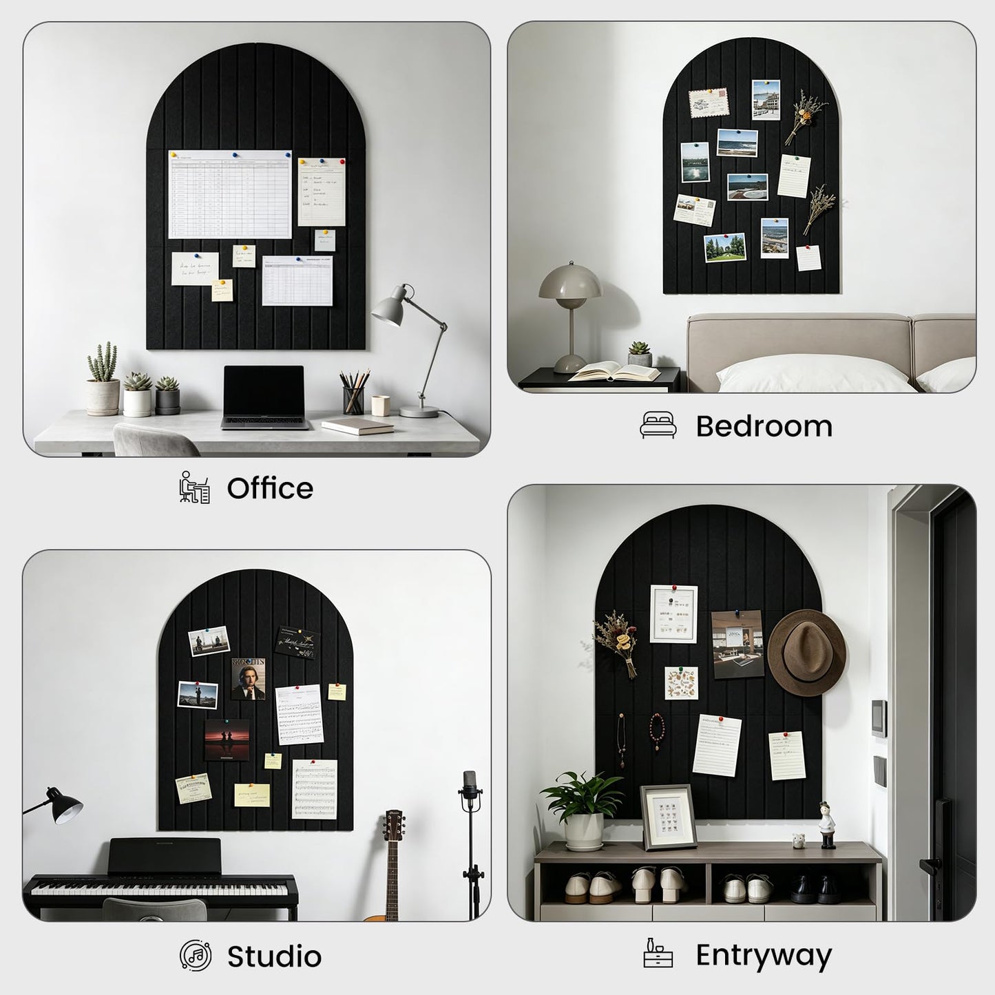 Sawnfay Arched Felt Bulletin Board(Black), 35"x24" Large Wall Decor, 6 Pcs Self-Adhesive Tiles with Push Pins, Felt Cork Board Alternative for Home Office Classroom
