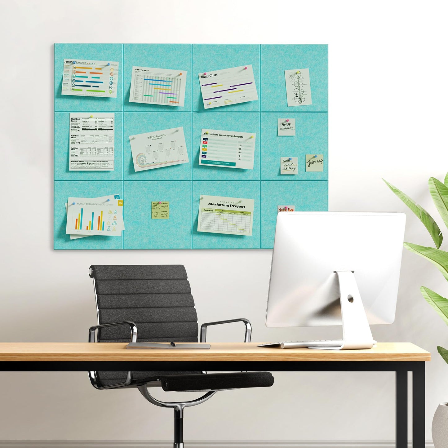 MaxGear Large Cork Board for Wall 36" x 24", Aqua Blue Bulletin Board, 6 Pack Felt Wall Tiles with Pushpins, Cork Boards for Office Push Pin Board Tack Board Felt Board