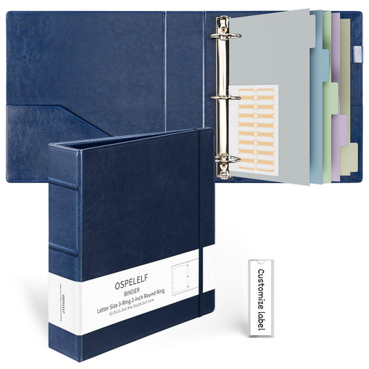 Ospelelf Vintage Hardcover 3 Ring 2 inch Leather Binder, Professional Binders Organizer Suitable for Letter Size Documents, Binder Dividers with Tabs, Dark Blue