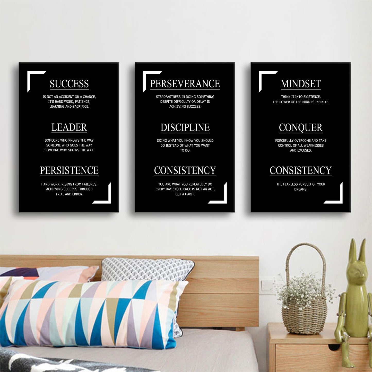 YSPCSUN Triptych Wall Decor Inspirational Posters for Office, Black White Discipline Consistency Quote 3 Panel Canvas Prints for Home Office Dorm Classroom, 48x24 Inch Display