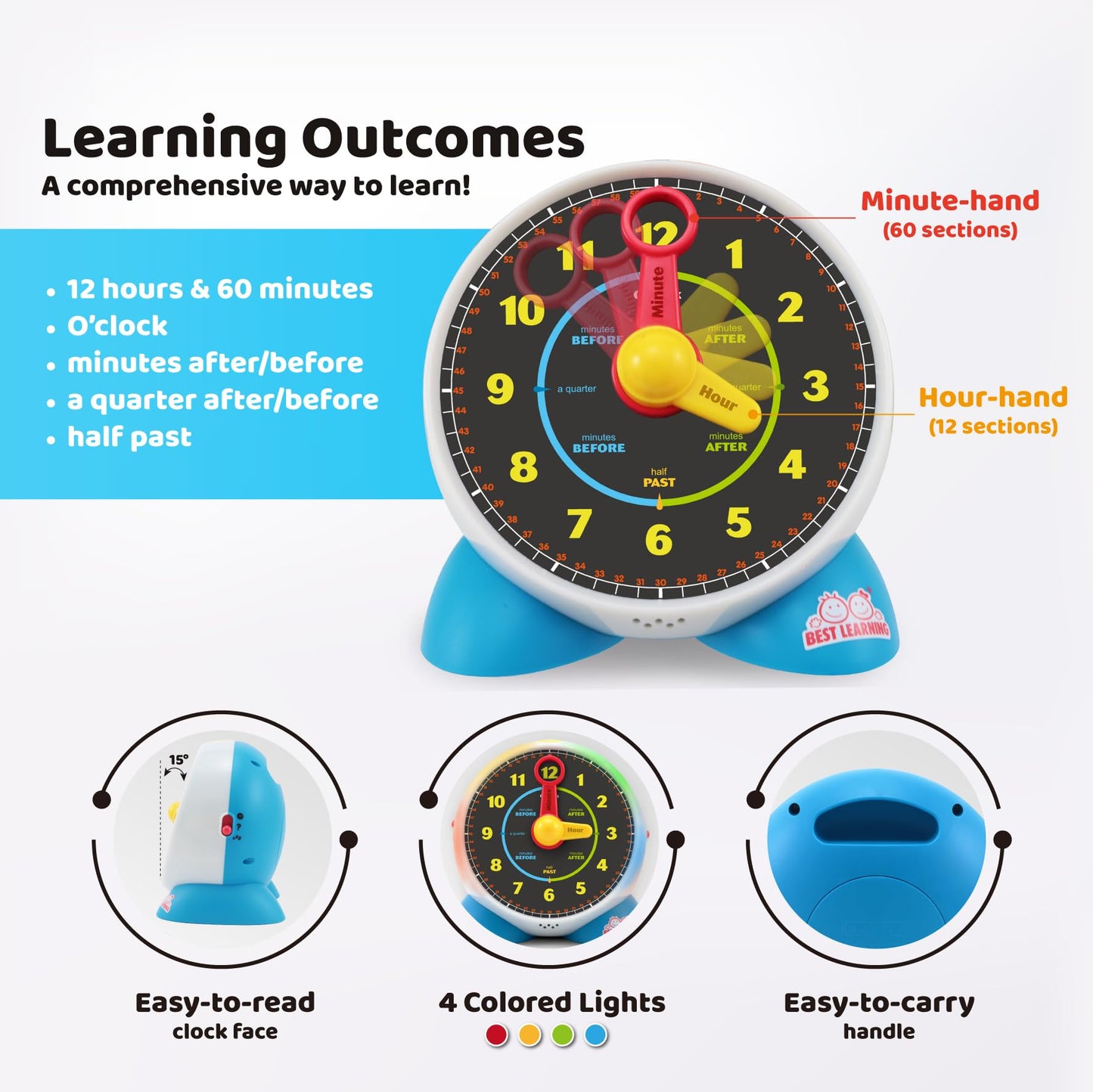 BEST LEARNING Talking Learning Clock for Kids - Telling Time Teaching Clock with Movable Hands, Quiz & Music Sleep Mode - Toddler Preschool Toy Ages 3 4 5 6 Boy Girl Birthday Gift