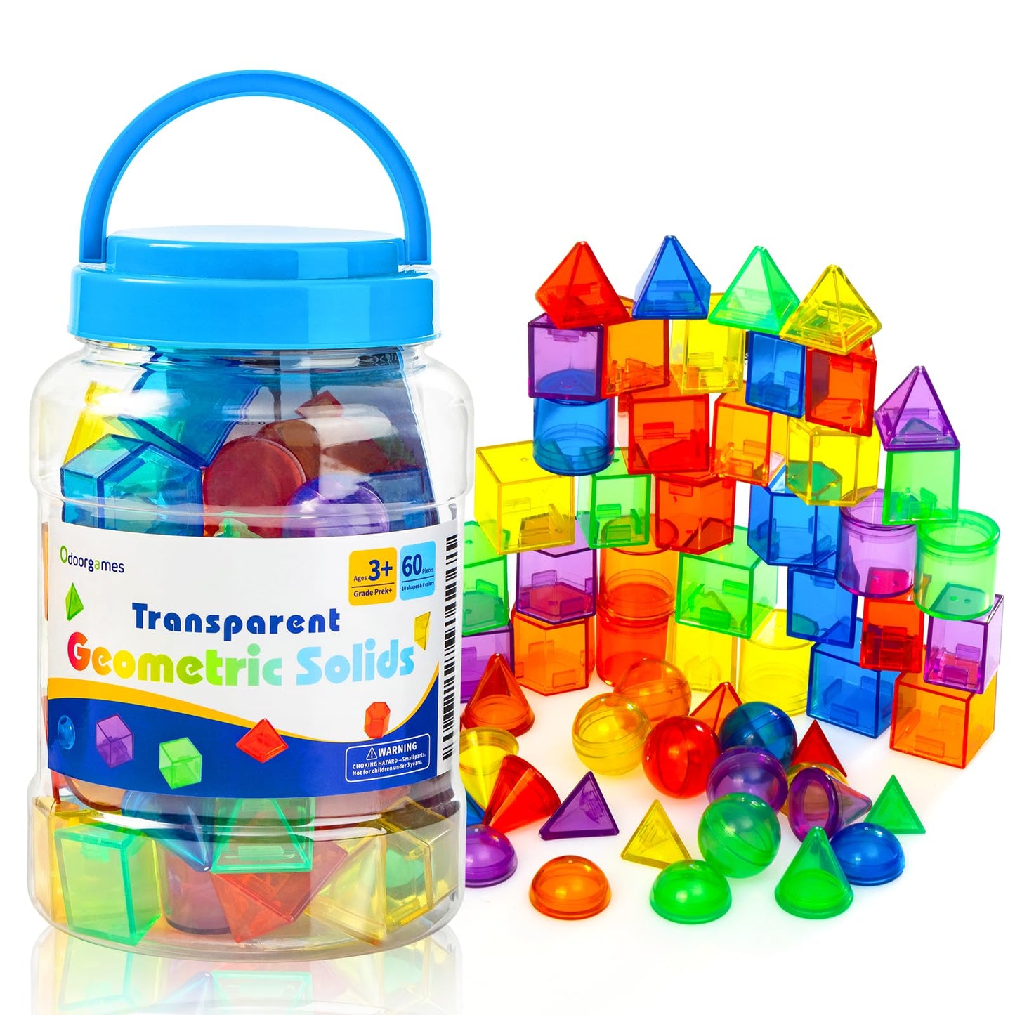 Odoorgames 60 Pieces 3D Shapes for Teaching - Geometric Solids for Kids, Light Table Manipulatives, Translucent Toys