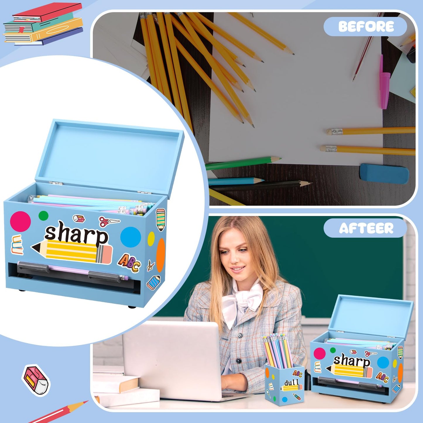 Watersay 108 Pcs Pencil Dispenser Kit for Classroom Wooden Sharp and Dull Pencil Holder 50 Pencils 50 Sharpener 6 Sticker Classroom Teacher Must Have Straw Dispenser for Back to School(Light Blue)
