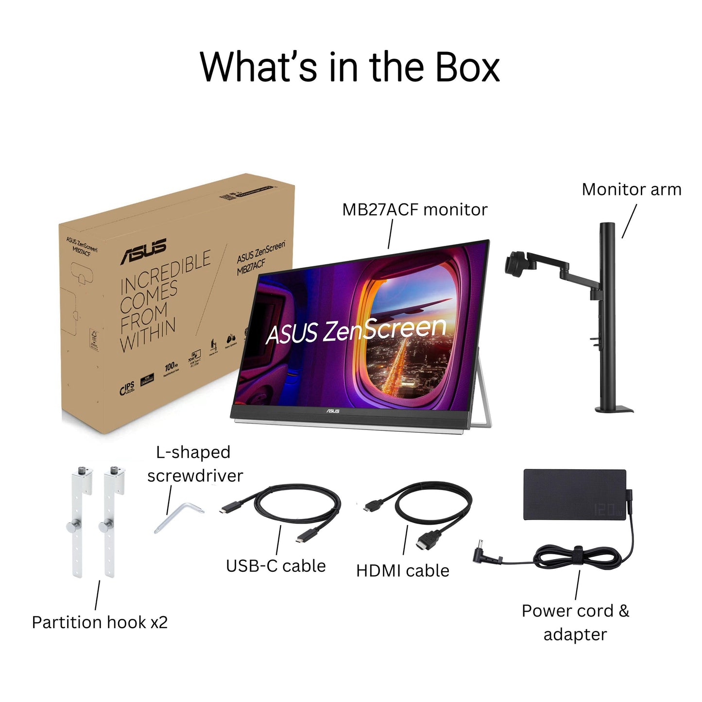 ASUS ZenScreen 27” 1440P Transportable Monitor (MB27ACF) - QHD (2560 x 1440), IPS, 100Hz, USB-C PD 70W, Speakers, Carrying Handle, Kickstand, C-clamp, Sub-woofer, 2.1 Channel Audio, 3 yr Warranty