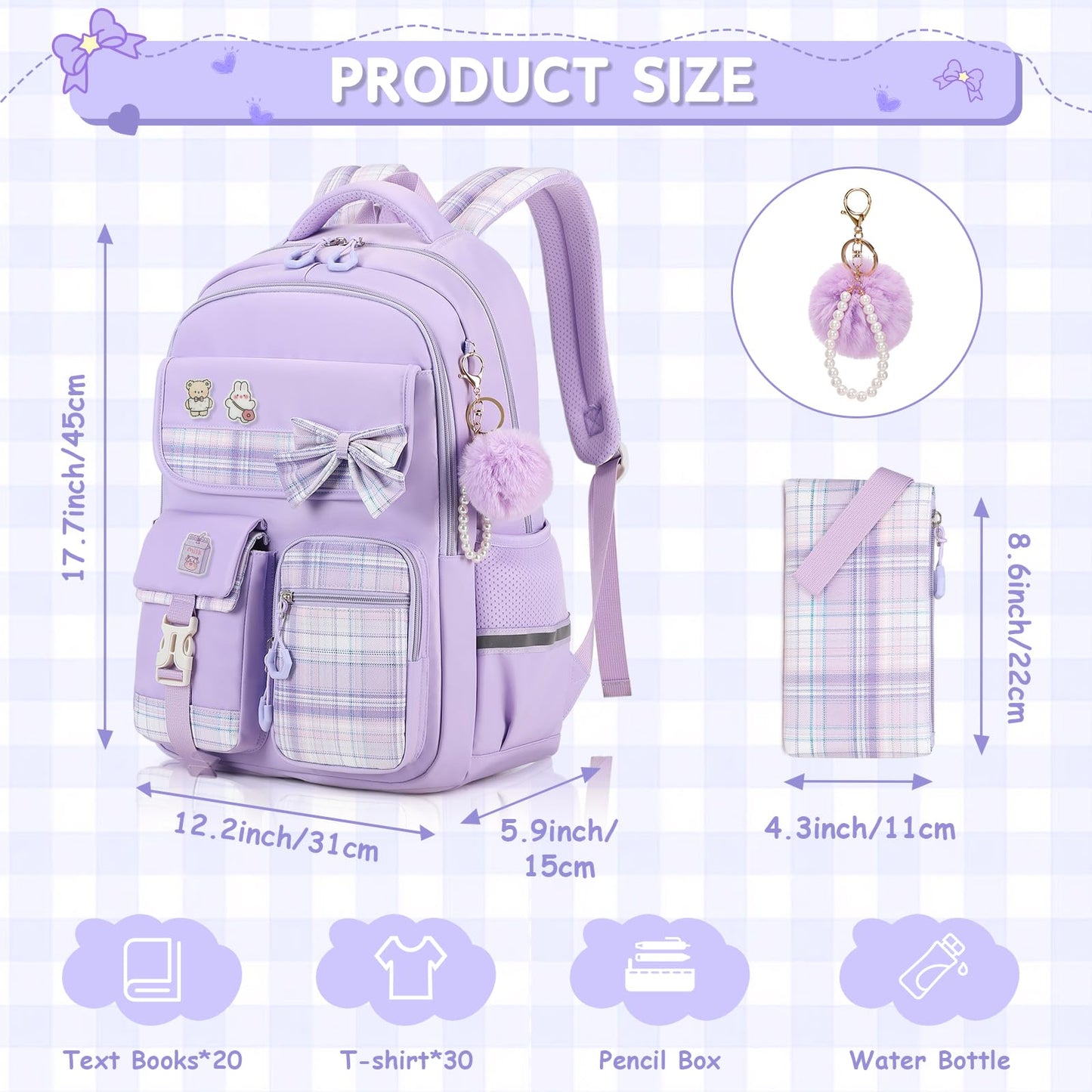 MOONBABY Girls Backpack, Kids Backpack for Girls School Bags with Pen Case, Bow Plaid Book Bag for Elementary Middle Primary High School College, Purple-2pcs