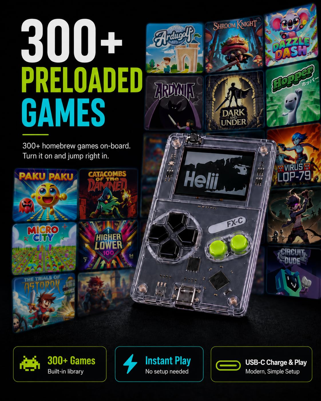 Arduboy FX-C Programmable Open Source 8-Bit Retro Handheld Game Console - 300+ Preloaded Classic Games, STEM Coding Board, USB-C Multiplayer, Credit Card Size Pocket Retro Gaming Device
