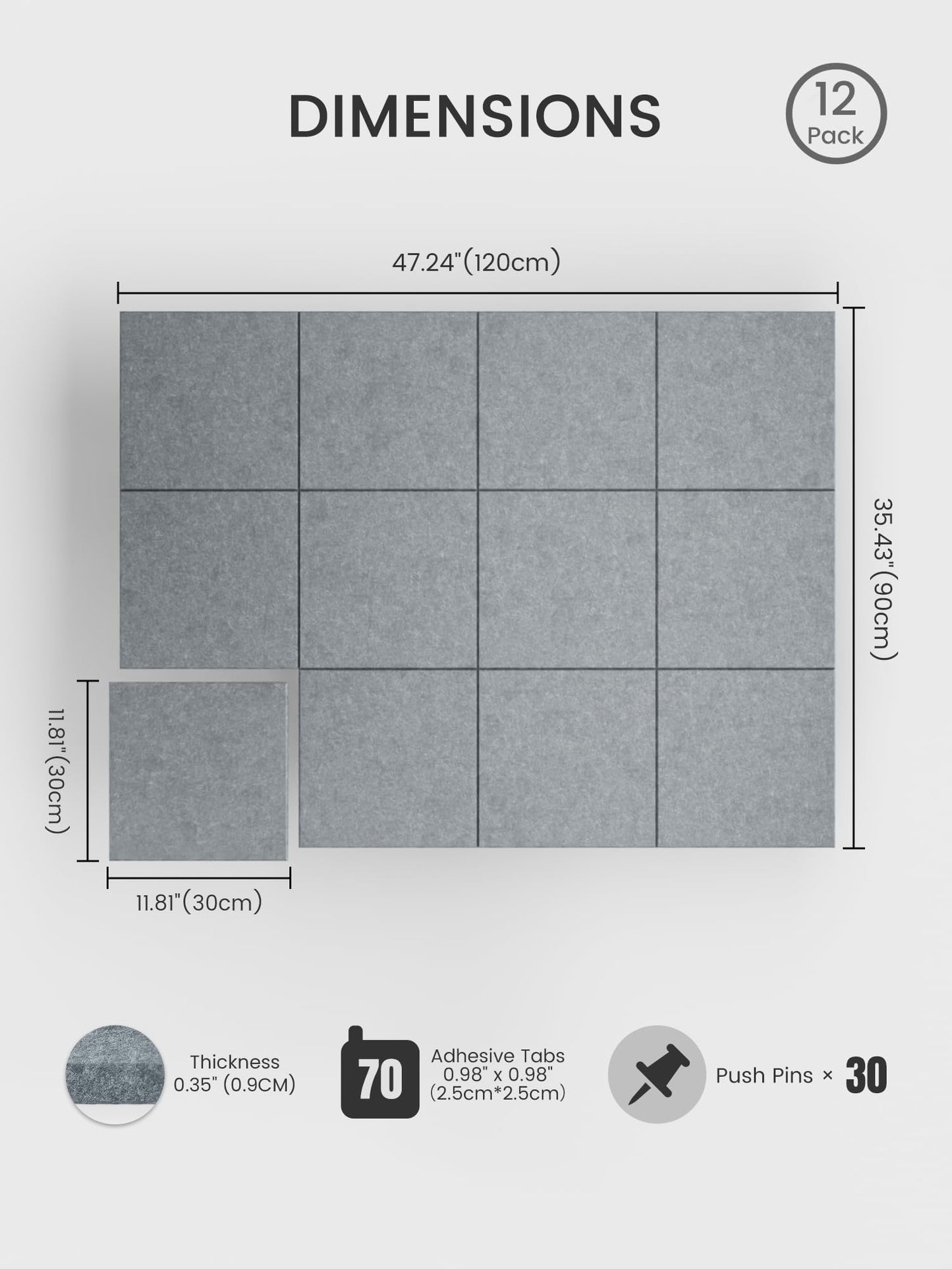 Bumusty Large Cork Board 48" x 36" Alternative - 12 Pack Felt Wall Tiles with 70 Safe Removable Adhesive Tabs, 30 Pushpins, Cork Boards for Walls Pin Board Bulletin Board Office Decor (Blue Gray)
