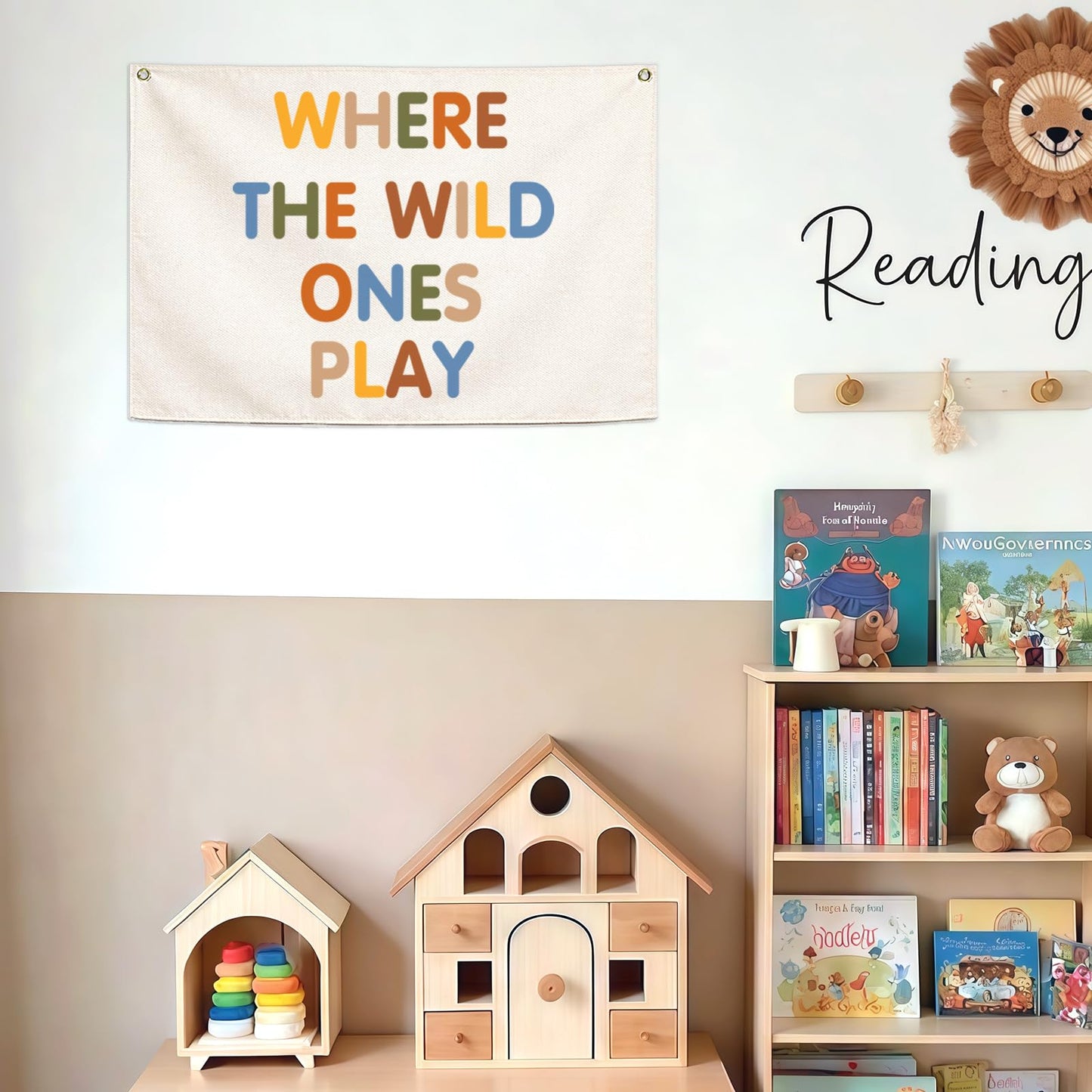 Nursery Rectangular Canvas Banner Flag-Where The Wild Ones Play Wall Sign Decor for Bedroom Playroom Babyroom Outdoor,Baby Shower Baptism Christmas Gift for Baby Boys Girls Kids-28.5"L×20"W