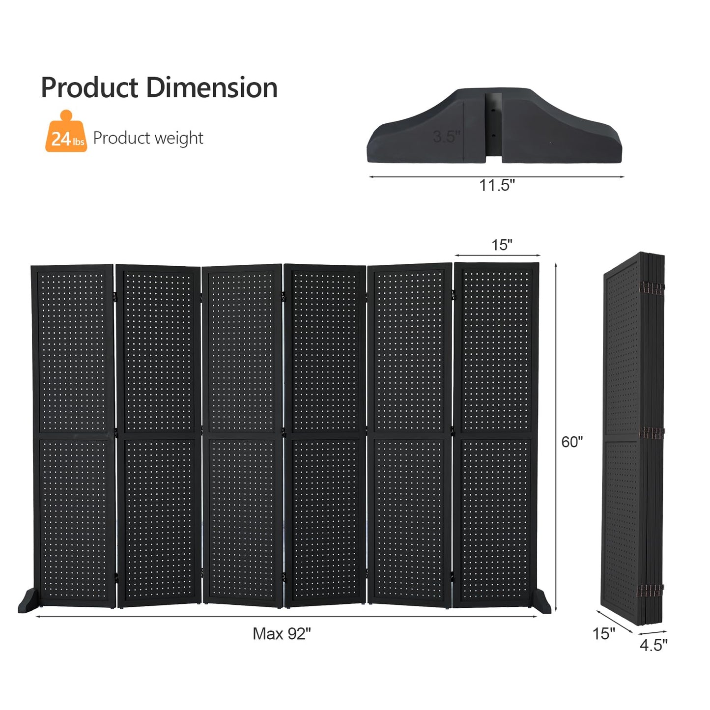 Bonnlo 4/6 Panel Pegboard Freestanding, 5 FT Portable Display Board Organizer for Craft Show Jewelry, Wooden Folding Privacy Screen Room Divider (Black, 6 Panel with Base)