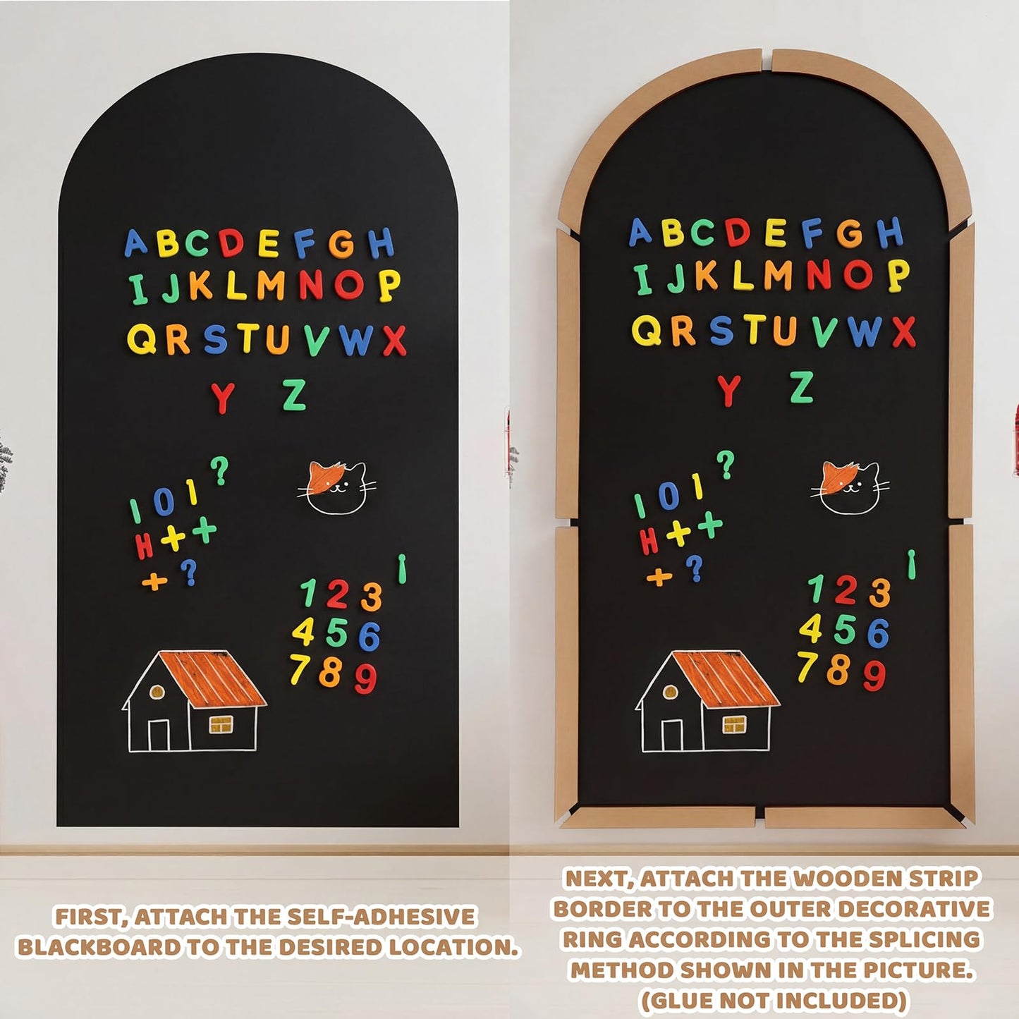 Feifeiya Black Large Magnetic Arch Wall Decal with Wooden Frame 39.3"x17.5" Arch Magnetic Chalkboard Self Adhesive Wall Board Sticker with 36 Magnet Letters Chalk Board Wallpaper Roll
