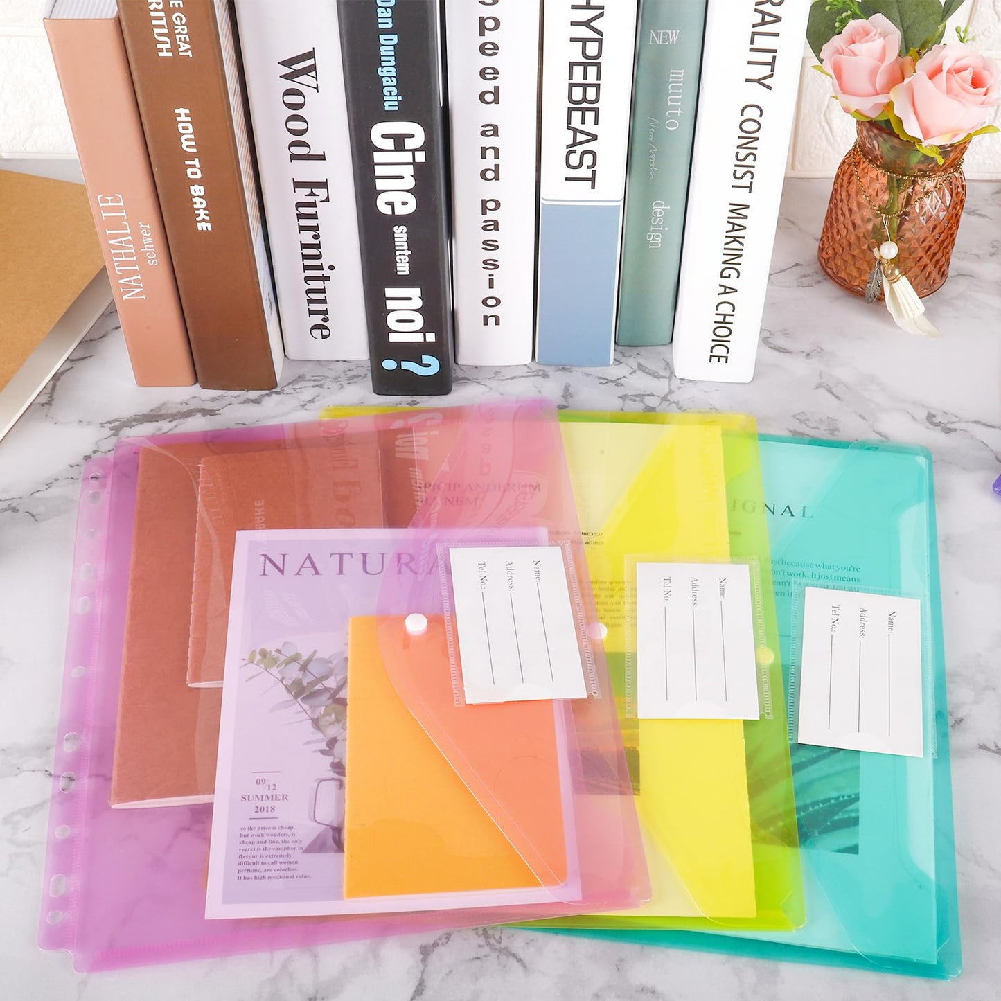 EOOUT 30pcs Binder Sleeves, Binder Pockets for 3 Ring, Binder Folders, 11 Holes, Letter Size, Snap Button Pouch with Label for School, Home and Office