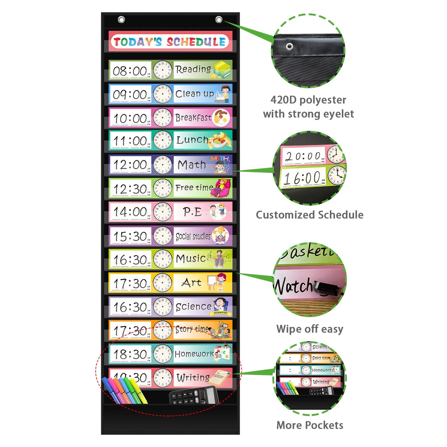 REGELETO 15+1 Pockets Daily Schedule Pocket Chart with 30 Pcs Double-Sided Reusable Cards, Scheduling Pocket Chart for Classroom Office Home School Activity(Black)
