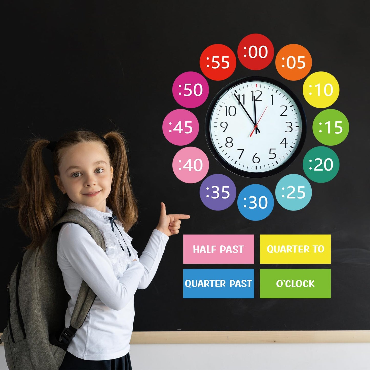 Sereliy Boho Rainbow Clock Numbers Bulletin Board Kits, Telling Time Teaching Clock for Kids Labels, Learning to Tell Time Clock Cutouts for Elementary Math Classroom Must Haves (Bright)