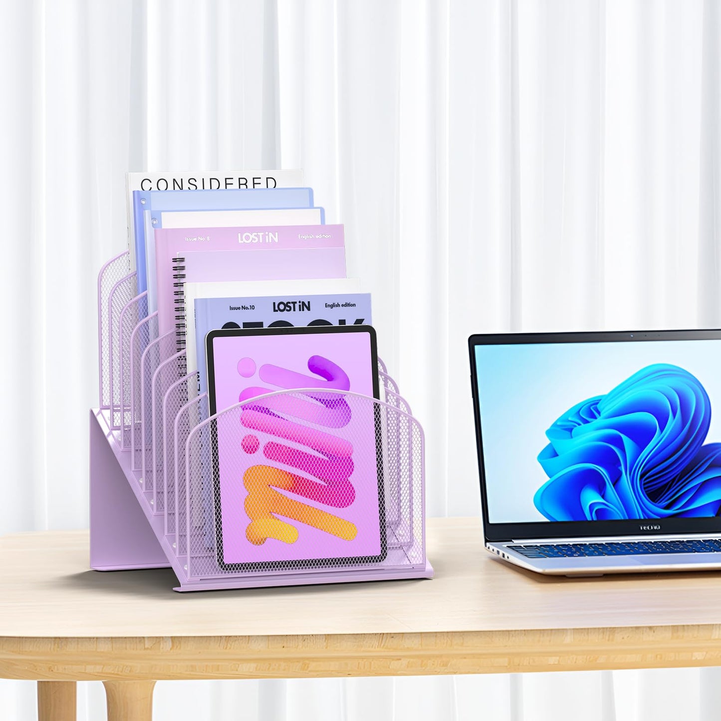 Inclined Desk File Organizer Metal Desk Magazine Folder Holder with 8-Section Vertical Compartments Rack File Organizer for Office, Home, School, Purple