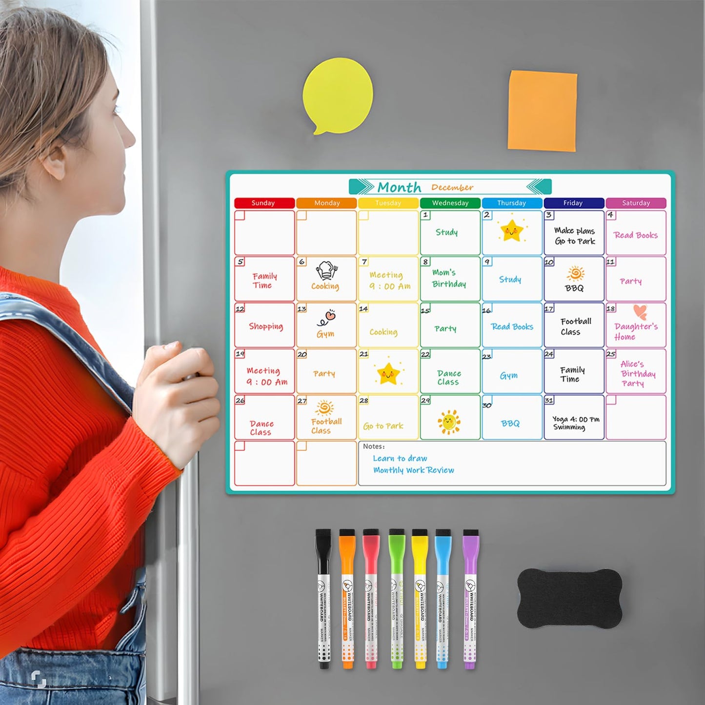 MaxGear Monthly Magnetic Calendar for Fridge, 16" X 12" Fridge Calendar Whiteboard, Reusable Magnetic Dry Erase Calendar White Board Planner for Refrigerator with 7 Fine Point Markers, 1 Eraser