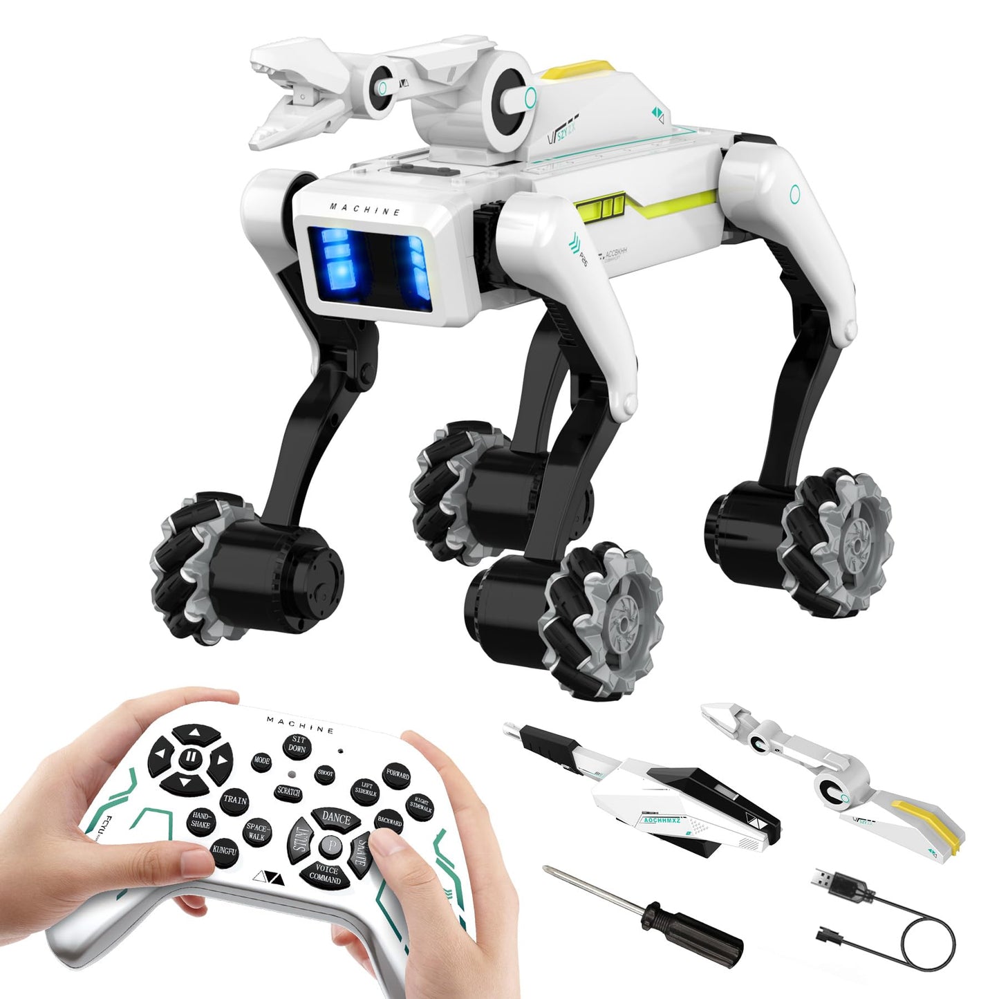 EVADA 3 in 1 Robot Dog with Wheels Kit, 30+ Bionic Actions, Voice & Remote Control, Programmable Moves, Rechargeable Battery, All-Terrain Stunt Pet Toy for Kids (Removable Claw & Cannon)