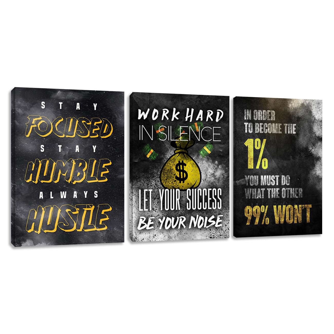 Modern Motivational Success Quotes Wall Art Canvas Art 3 Piece Black Wall Art Inspiring Entrepreneur Hustle Poster Prints Wall Decor Office Wall Decorations Framed Posters for Office(36''Wx 16''H)