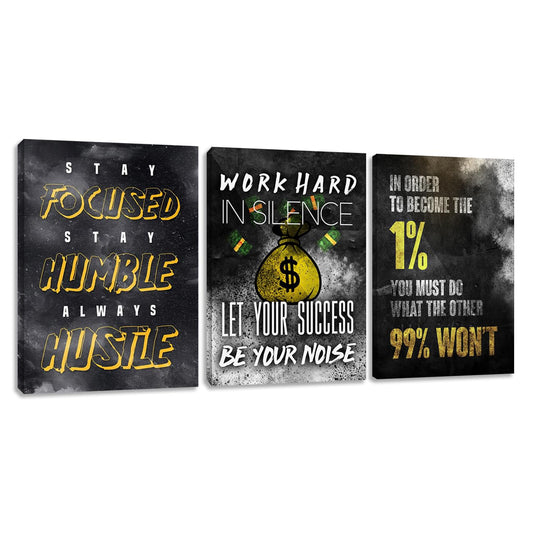Modern Motivational Success Quotes Wall Art Canvas Art 3 Piece Black Wall Art Inspiring Entrepreneur Hustle Poster Prints Wall Decor Office Wall Decorations Framed Posters for Office(36''Wx 16''H)