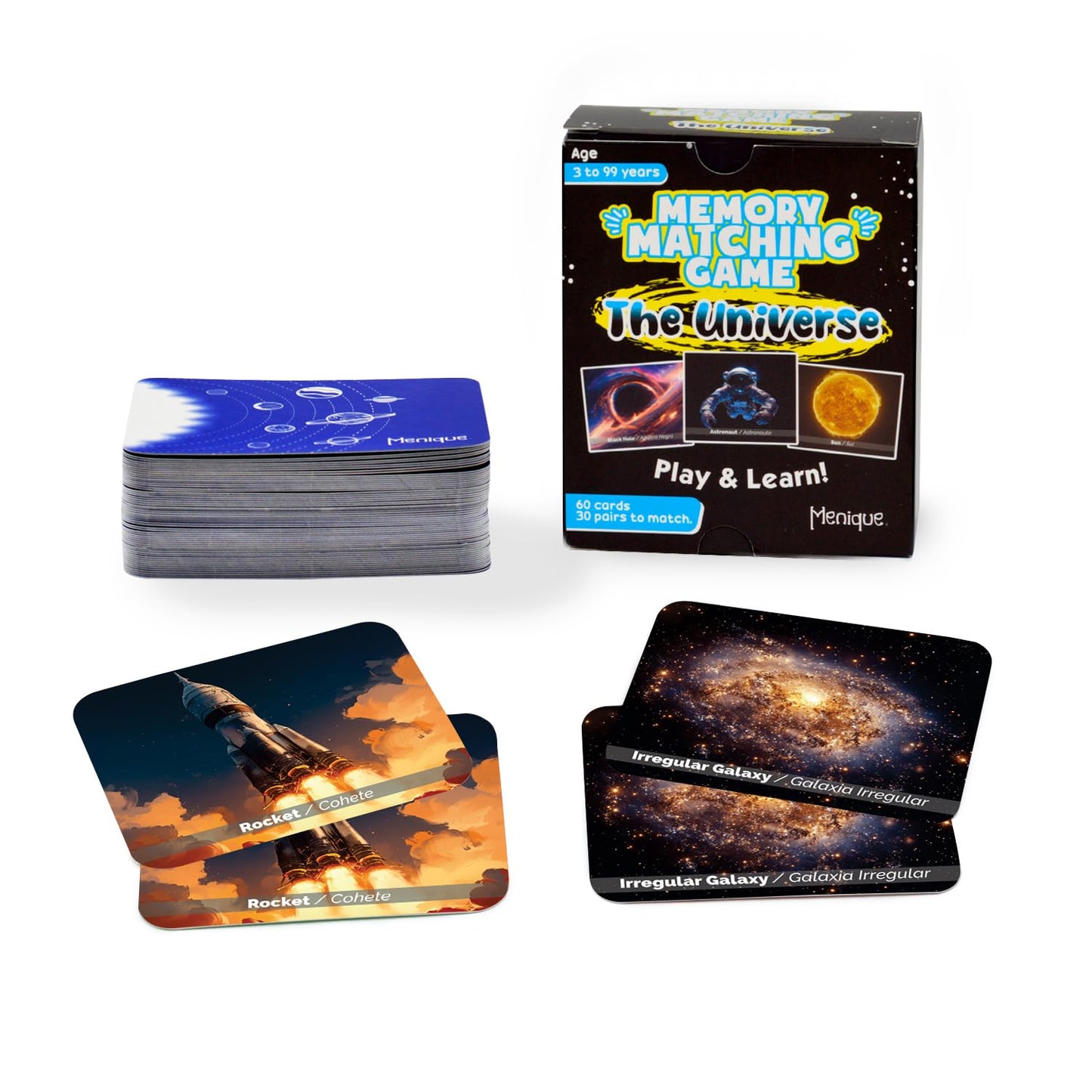 Menique Universe Memory Matching Game – 60 Cards (30 Pairs) – Bilingual Space Game with Planets, Stars & More – Educational for Kids and Adults