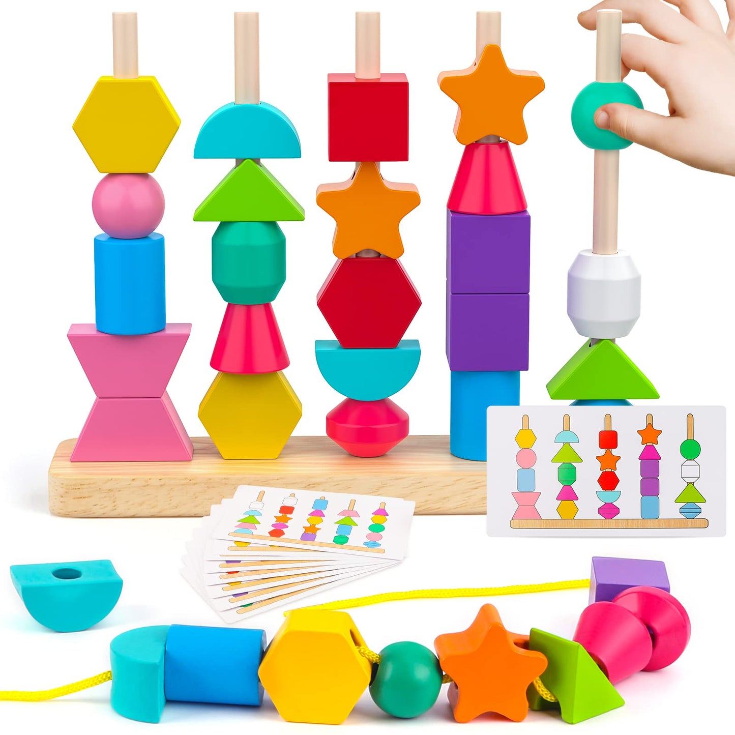 Montessori Wooden Beads Sequencing Toy Set, Stacking Blocks & Lacing Beads & Matching Shape Stacker, Montessori Toys for 3 4 5 Year Old STEM Preschool Learning Toys Gifts for Kids Boy Girl Toddler