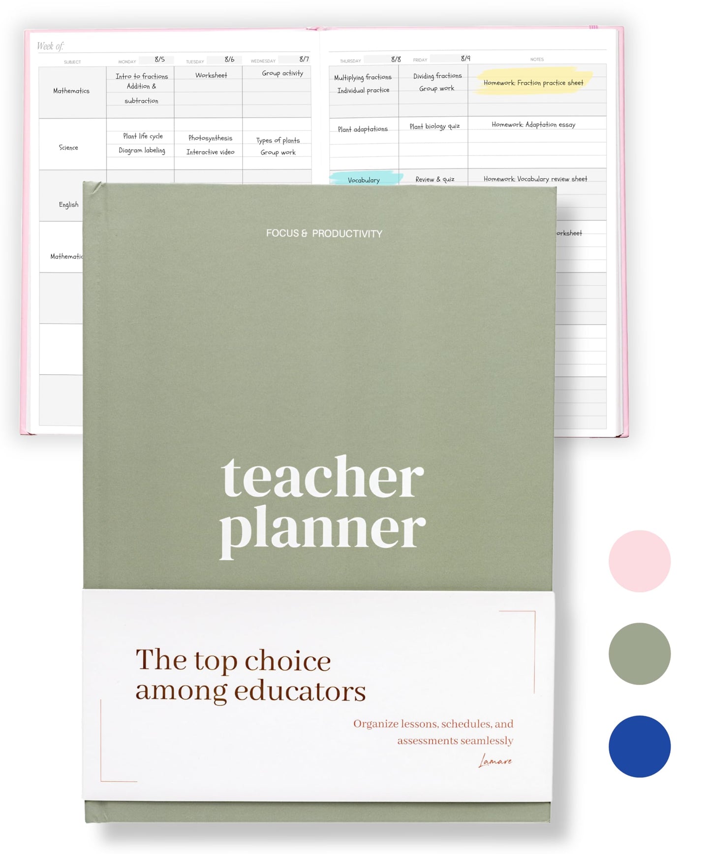 Lamare Teacher Planner 2026-2027 – Hardcover Undated Planner & Lesson Planner Book for Teachers with Class Schedule, Student Info & Weekly Planning - 8x11"