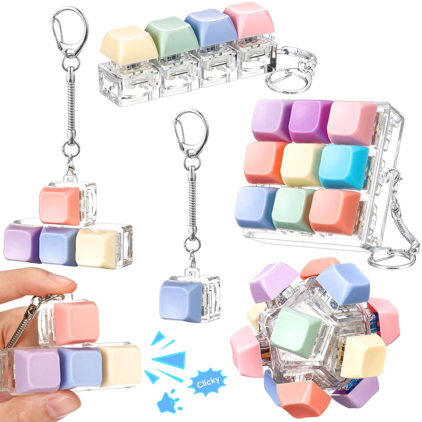 Halloscume 5 Pcs Keyboard Adult Fidget Clicker in 5 Styles Keyboard Fidget Keychain Cube Mechanical Key Button Clicker Stress Relief Gift for Office Home Pass Time(Pastel Colors)