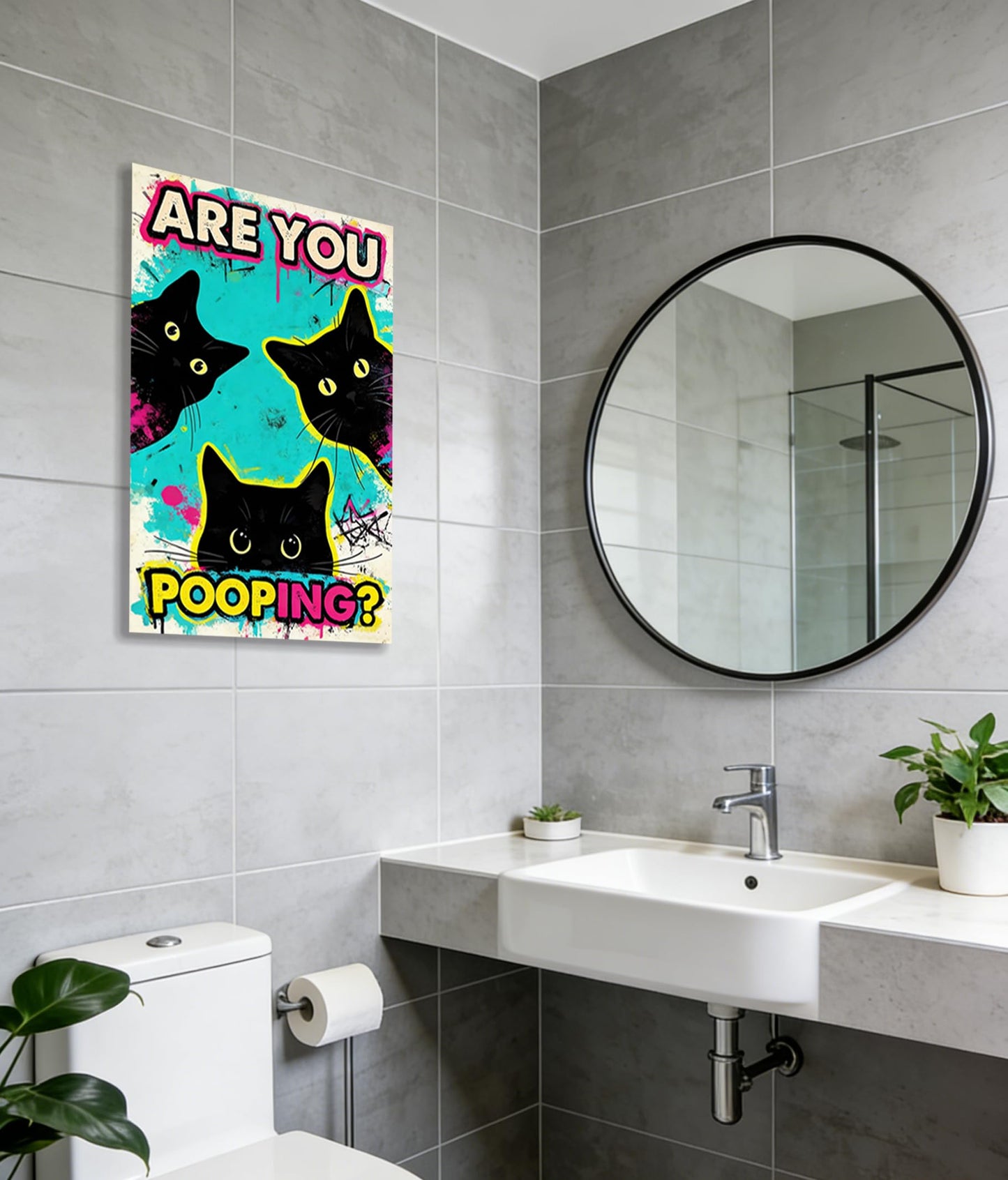 DUFIPOR Funny Black Cat Bathroom Wall Art, Are You Pooping? Graffiti Pop Art Canvas Prints, 16x24 Inch Humorous Bathroom Decor for Washroom Restroom, Trendy Cat Lover Gifts for Bathroom Wall Decor