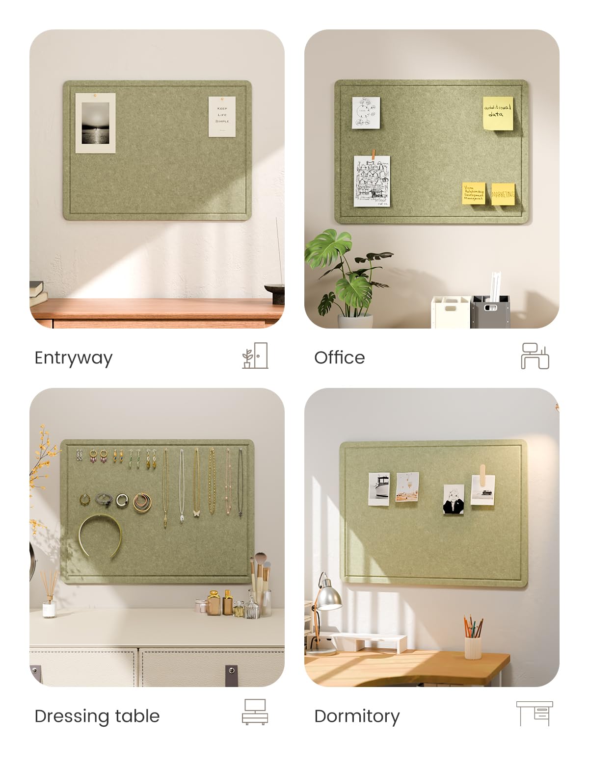 Fluxynara Bulletin Board, 23.6" x 17.5" Cork Board Alternative with 12 Safe Removable Adhesive Tabs, Foldable Felt Pin Board for Home Office, Classroom, Bedroom,Entryway for Walls—Olive Green