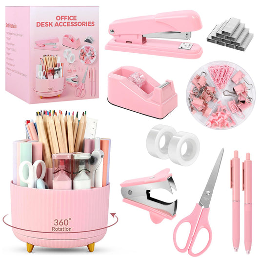 SKYDUE Pink Office Supplies Set, Pencil Holder for Desk,Gel Pen, Stapler, Tape Dispenser, Scissors,Clips and 1000pcs Staples, Office Decor for Women, Pink Desk Accessories