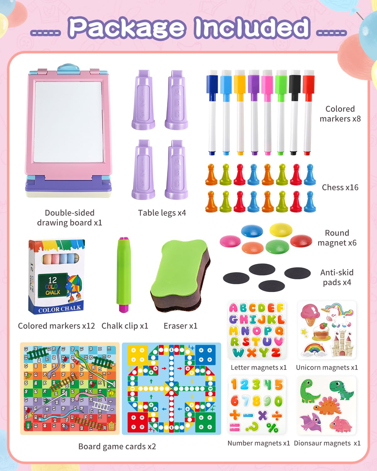 Elovien Easel for Kids, 4 in 1 Double Sided Toddler Art Easel with Chalkboard & Magnetic Whiteboard, Foldable Kid Tabletop Easel with Drawing & Writing Accessories - Educational Gift for Girl (Purple)