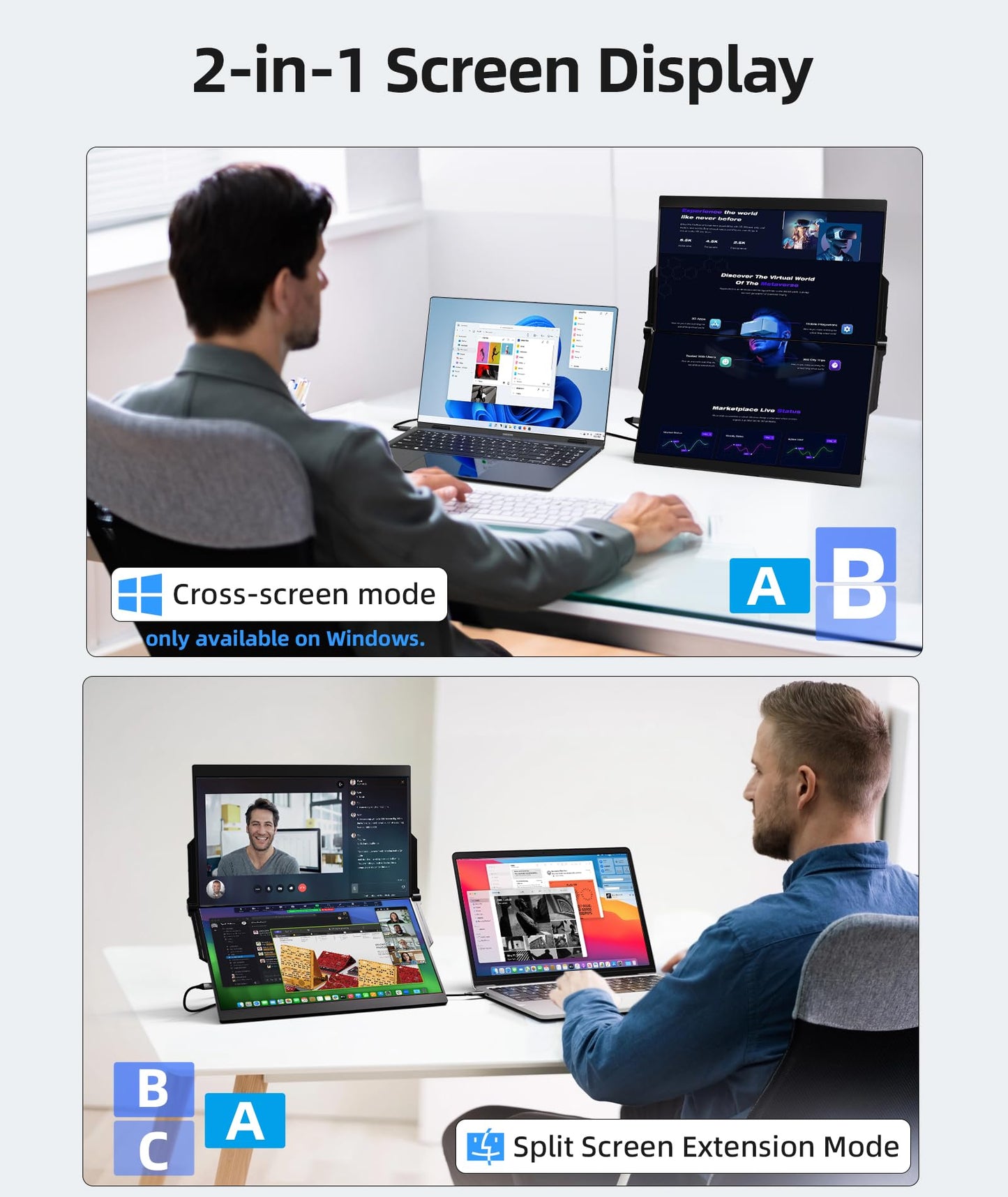 Ingnok 15.6" Dual Monitor, FHD 1080P 100% sRGB Laptop Screen Extender for Windows Mac, with 4 Speakers, 2 HDMI USB C Ports, for Office Gaming Triple Monitor