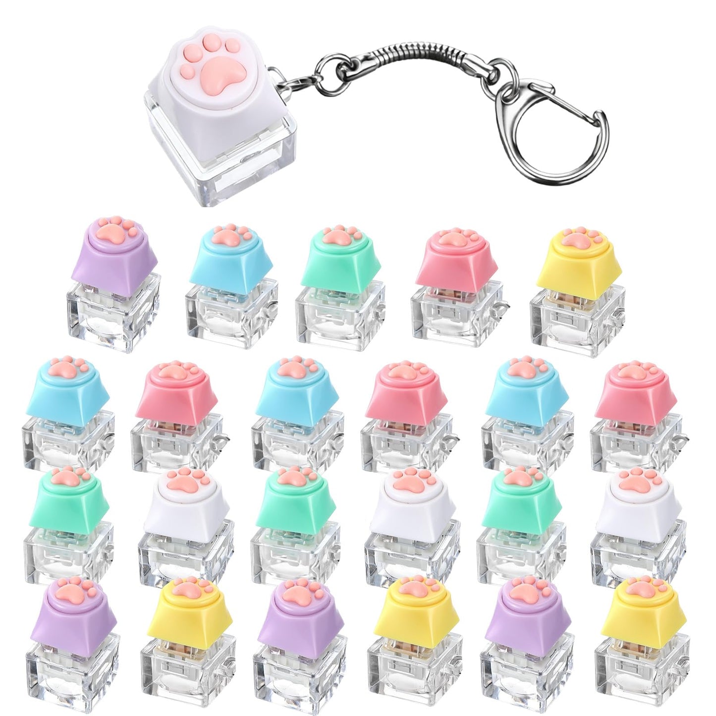 Lewtemi 24 Pcs Keyboard Fidget Clickers Cat Paw Keyboard Keychain Decompression Relief Button Finger Clickers for Adults Office Birthday Party Gifts to Relief Stress Pass the Time (Macaron Colors)