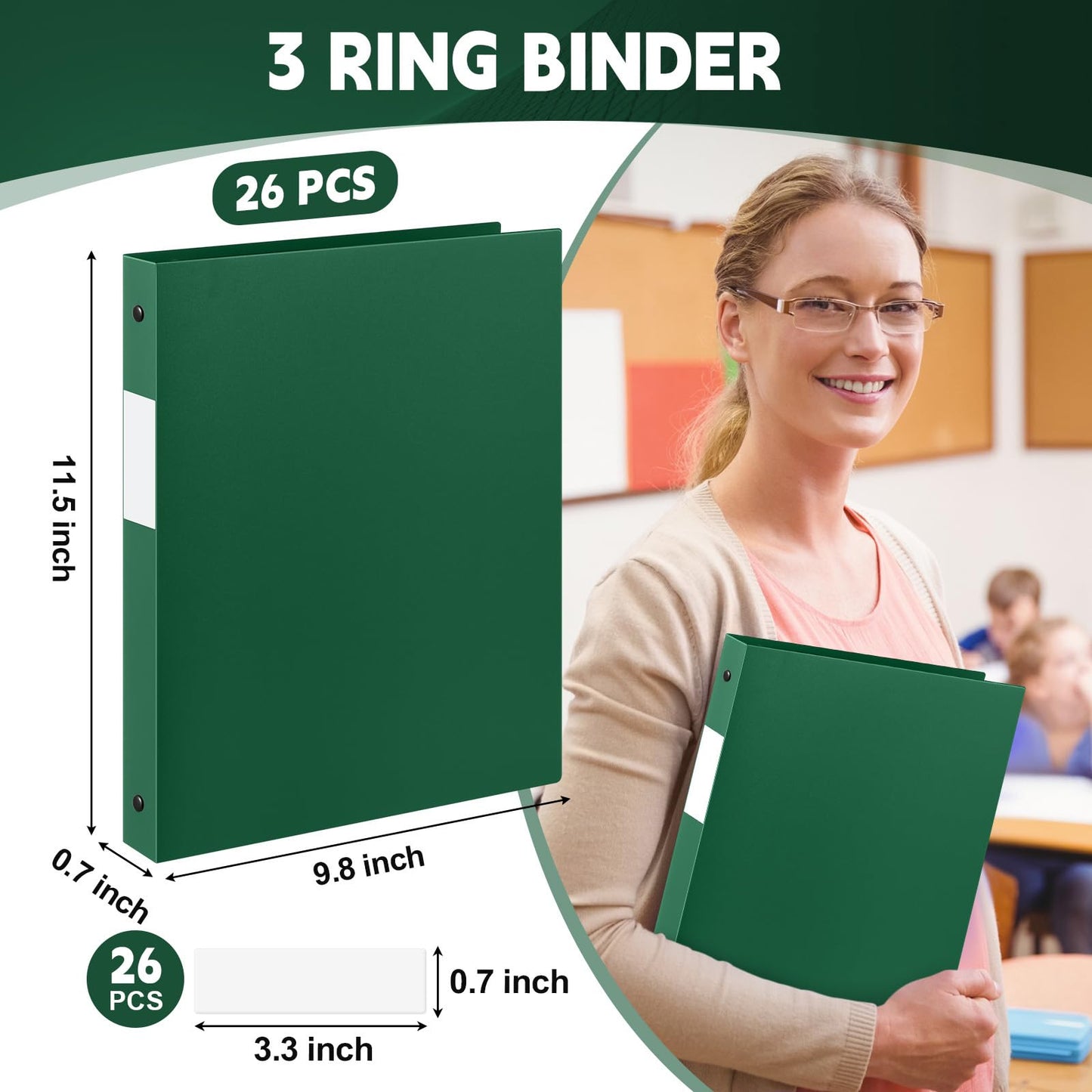 Henoyso 26 Pack 0.5 Inch Plastic 3 Ring Binder Round Ring, Bulk 1/2 Inch Flexible Binders Hold 140 Sheets Letter Size with Pocket, Document Organizer for Back to School Classroom Office (Dark Green)