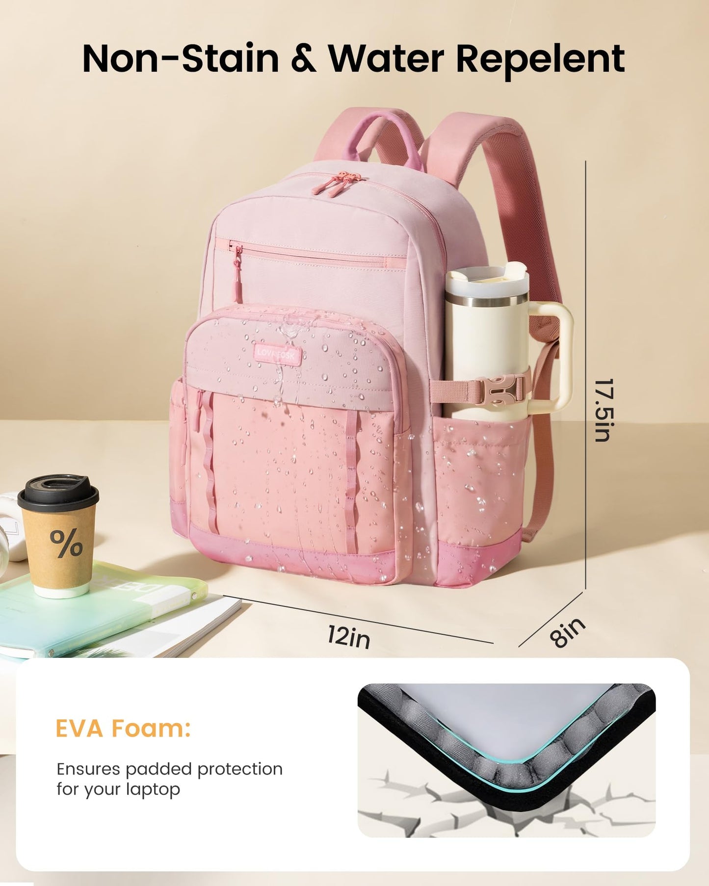 LOVEVOOK Laptop Backpack for Women with Large Cup Holder,15.6 Inch DIY Design Travel Work Backpack Computer Laptop Bag,Waterproof Nurse Teacher College Backpack Purse,Gifts for Women Men,Beige-Khaki